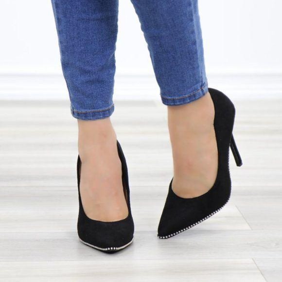Black vegan Suede High Heel Pumps With Studs - Picture 9 of 12